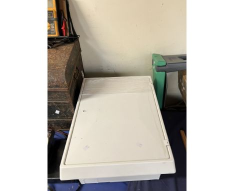 A toolbox together with a box of tools, tin trunk, testers, electric box etc 