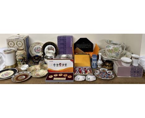 A Wedgwood part coffee set together with a jug and bowl, pottery plates, Beijing Olympics 2008 souvenir mascots medallions, a