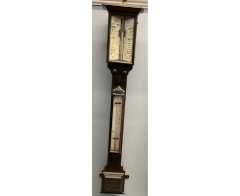 A 19th century grained stick barometer, the pottery dial inscribed J. Hicks, 8 Hatton Garden, London, with a mercury thermome