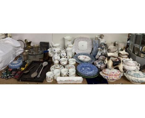 A collection of Nao figures together with a Lladro figure, a collection of Aynsley floral decorated porcelain, pottery jugs, 