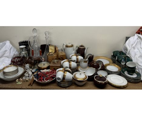 A brass cased barometer together with glass decanters, a Polish part tea service, other part sets, vases etc 