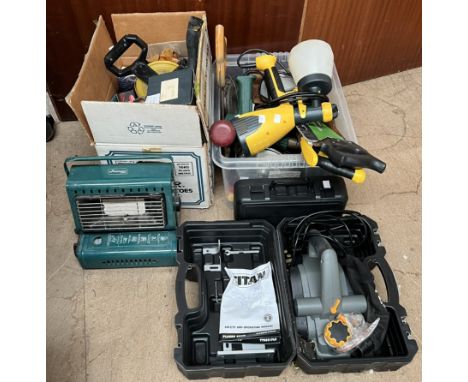 Assorted tools including saws, lights, heater etc 
