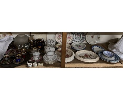 Two copper lustre jugs together with a floral decorated part tea service, bread plates, Continental part tea set, lamp etc 