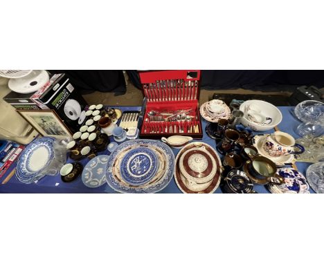 An Oneida cased part flatware service together with blue and white meat plate, other plates, a studio pottery part coffee ser