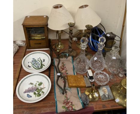 An oak cased smokers cabinet together with a miners lamp, glass decanters, tongs, bell pull, brass table lamps, ships bell, e