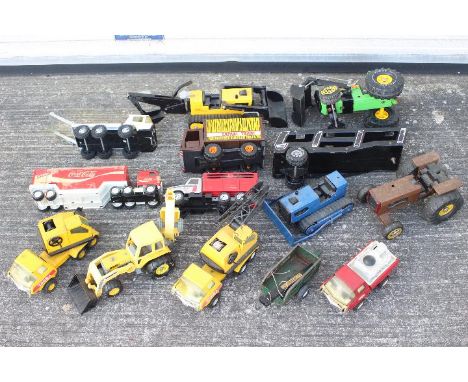 Tonka - Buddy L - 12 x vintage pressed steel trucks and tractors and two trailers. Includes Buddy L Coca Cola truck with bott