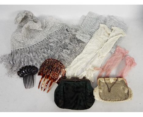 Lot to include an early 20th century green velvet purse, one further, later purse, vintage evening gloves, shawl and similar.