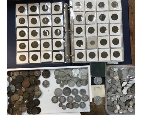 Collection of British Coins in album and bags, including Milled Silver of George III and Victoria, 1820, 1889 (holed) Crowns,