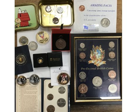 Collection of Commemorative Coins and Older coins. Including 24ct Gold Hattons of London 0.5g coin in box, Victorian 1887 Sil