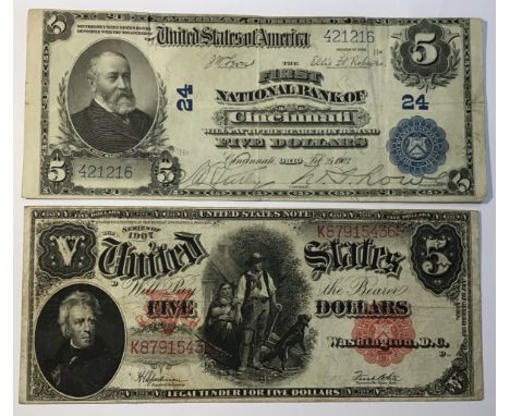 American First National Bank of Cincinnati Series of 1902 HH $5 (blue 5 digit stamp to reverse) &amp; Series of 1907 D Five D