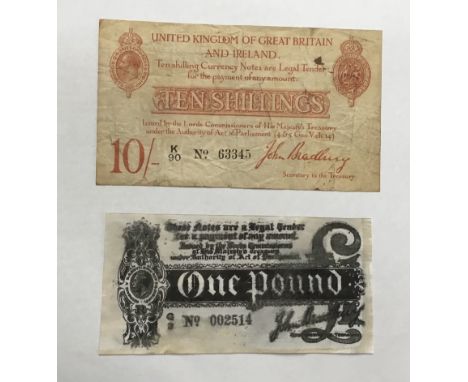 Bank of England John Bradbury Second Issue 10 Shilling Prefix K/90 followed by 5 serial numbers, blank reverse, &amp; John Br