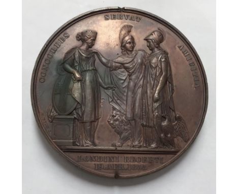 Napoleon III & Princess Eugenia Visit to London in 1855. Large Bronze medal. Designed by B. Wyon, 75mm.  (possible test strik