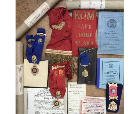 Derby Royal Order of the Buffaloes related items including Hallmarked Silver Medal, Scrolls and Sash.