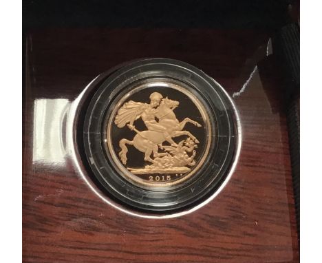 Royal Mint 2015 Gold Proof Sovereign, Fifth Portrait - First Edition in Original Case &amp; Box with Certificate.