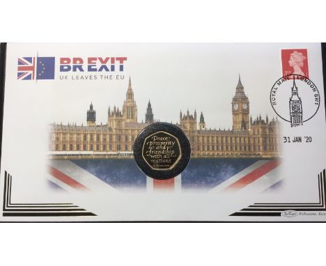 Royal Mint Gold Proof 2020 Brexit 50p put into a Harrington &amp; Byrne First day cover, In original presentation folder. 15.