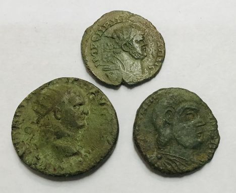 Three Roman Bronze Coins, Scarce Roman Bronze Follis of Carausius, Roman Bronze Dupondius of Vespasian & Roman Bronze Double 