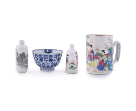 Two Chinese snuff bottles, 19th century, one painted with figures in a garden, 7.2cm high, and the other with scholars in a r