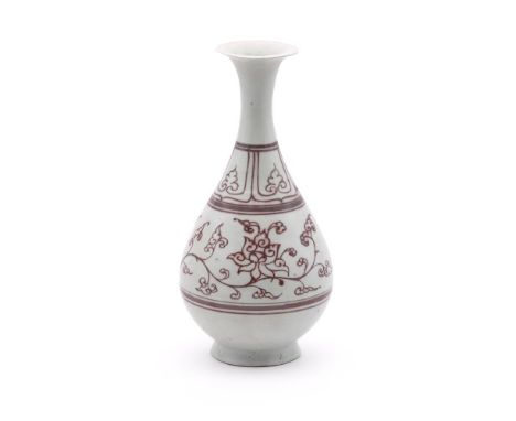 A Chinese underglaze-red pear shaped bottle vase, yuhuchun, possibly Ming Dynasty but probably later, well potted and painted