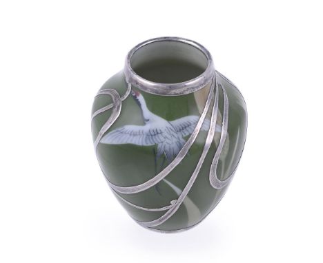 NISHIMURA ENJI V (1856-1914): A Japanese porcelain Jarlet, of tapered,shield shape with short neck, decorated in fuki-e techn