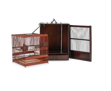 A Chinese wood and bamboo square bird cage and case, Republican, 33.5cm high民国 "苏州黄鸟联欢协会赠"鸟笼Condition Report: back panel of t