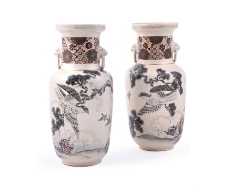 A pair of Japanese Satsuma Vases, each of cylindrical form resting on a short foot and rising to a broad neck with galleried 