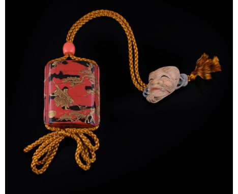 A Four-Case Japanese Inro, decorated on the mottled red and black ground with a scene from the story of Jo and Uba in gold, b