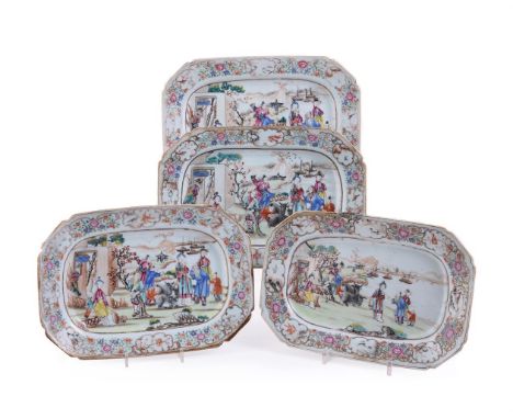 Four Chinese Famille Rose serving dishes, Qianlong, painted with a harbour scene with figures and oxen to the foreground, flo