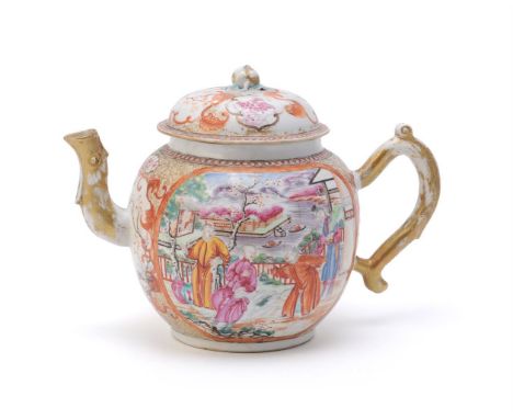 A large Chinese famille rose porcelain teapot and cover, qianlong, with moulded branch handle and spout, decorated in the Man