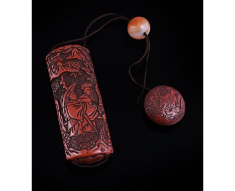 A Japanese Six-Case Tsuishu Lacquer Inro, of tall, slender form, well carved with Chinese dignitaries and their attendants am