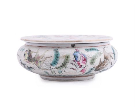 A Chinese famille rose 'Gold fish' water pot and cover, 19th century, painted to the cover and body with gold fish swimming a