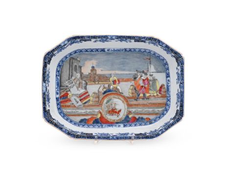 A very unusual Chinese Export rectangular serving dish, the porcelain Qianlong, circa 1780, painted with a harbour scene of c