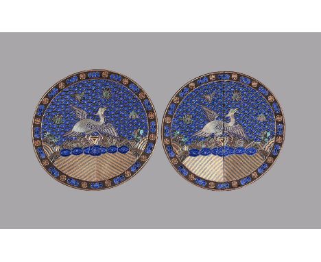 A pair of Chinese Ladies roundel rank badges, Qing Dynasty, late 19th century, the appliqué bird is a 6th rank Egret couched 