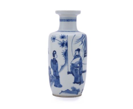 A Chinese blue and white vase, in Kangxi style, painted to the sides with a lady and scholar in a landscaped garden, 18.5cm h