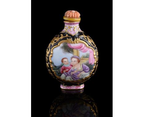 A Chinese porcelain snuff bottle, 20th century, painted on both sides with European figures in a garden, reserved on a blue g