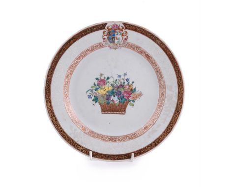 A Chinese Export Famille Rose Armorial plate, Qianlong, circa 1755, with the arms of Llandaff and the Leeward Islands impalin