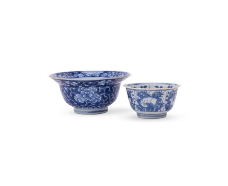 A Chinese blue and white 'Peony' bowl, Kangxi, 14.8cm diameter x 6.7cm high; and a Chinese blue and white 'Deer' bowl, Wanli,