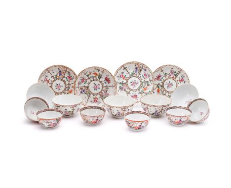 Five Chinese Export Famille Rose bowls, Qianlong, painted with alternating panels of figures and flower within scroll and rop