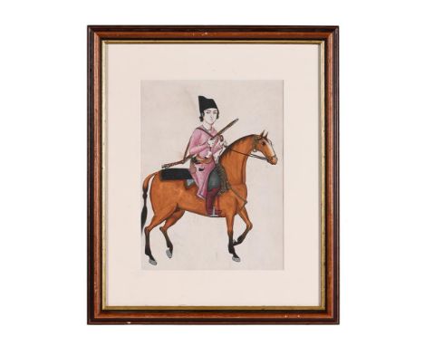 A Qajar Portrait of a Young Prince Hunting on Horseback, Persia, late 19th or 20th century , watercolour on paper, framed, 25