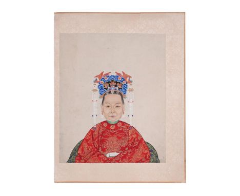 A Chinese portrait of a grand Chinese lady, late 19th century, showing the wearer adorning the Feng guan or Phoenix crown, al