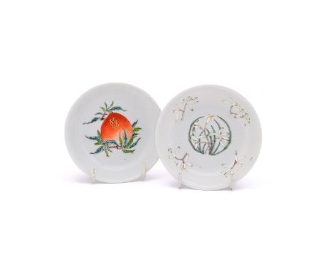 Two Chinese famille rose saucers, Republican, one painted with a peach to the interior and the other decorated with orchids, 