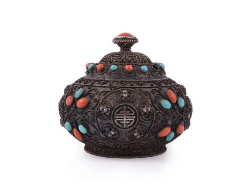 Y A Chinese silver turquoise and coral inlaid small vase and cover, late Qing Dynasty, the ovoid body with four shou roundels