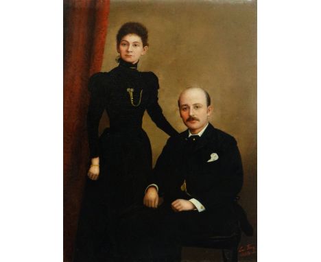 LAI FONG OF CALCUTTA (fl. 1870-1910) oil on canvas - double full-portrait of a seated merchant and his standing wife, signed 