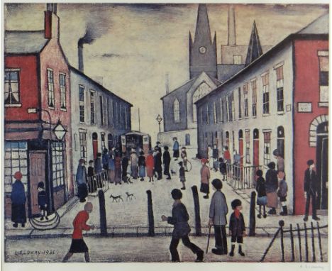 LAURENCE STEPHEN LOWRY (1887-1976) guild stamped print - busy street scene, entitled 'Fever Van', signed in pen, 43.5 x 53cms