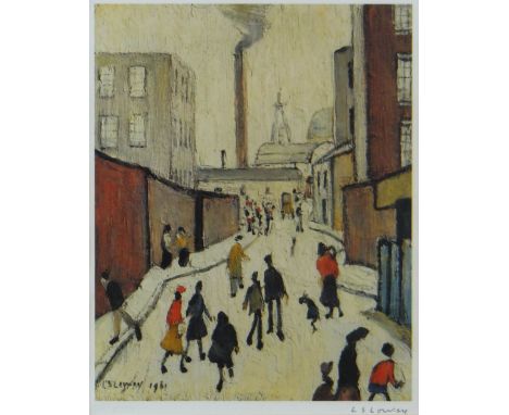 LAURENCE STEPHEN LOWRY (1887-1976) guild stamped print - figures walking on a street with distant smoking chimney, entitled '