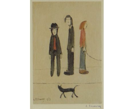 LAURENCE STEPHEN LOWRY (1887-1976) guild stamped print - entitled 'Three Men and a Cat', signed in pen, 27.5 x 18.5cms &nbsp;