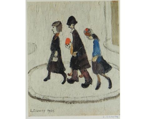 LAURENCE STEPHEN LOWRY (1887-1976) guild stamped print - four figures, entitled 'The Family', signed in pen, 28.5 x 22cms &nb