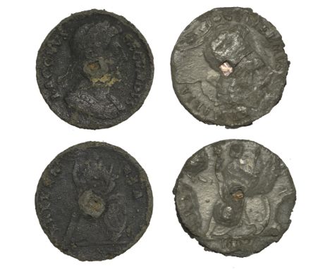 James II, Tin Farthing, 1687, cuirassed bust (S 3420); William and Mary, Tin Farthing, 1692 (S 3451) [2]. Both with copper pl