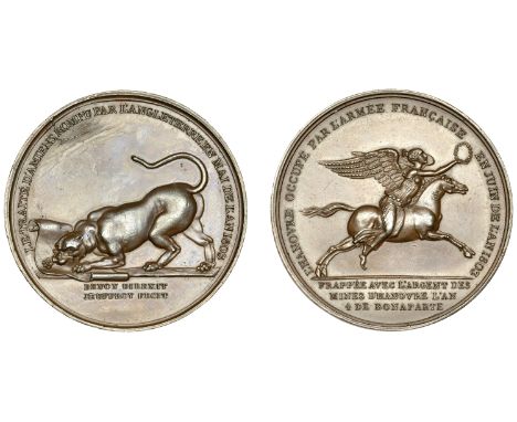 Treaty of Amiens Broken and Hanover Occupied, 1803, a copper medal by R. Jeuffroy, English lion biting scroll, rev. Victory o