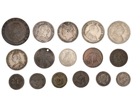 Charles II, Halfcrown, 1677 vicesimo nono (S 3367); other coins of England and the Isle of Man, in silver (7), copper (7, inc