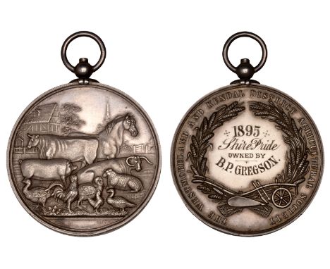 The Westmorland and Kendal District Agricultural Society, a silver award medal by T. Ottley, farm animals in field, buildings